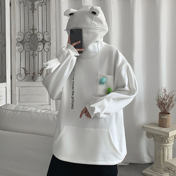 

harajuku style fleece white mens hoodies frog fashion zipper oversize hooded hoodies korean casual couple clothes sweat homme kel6, Black