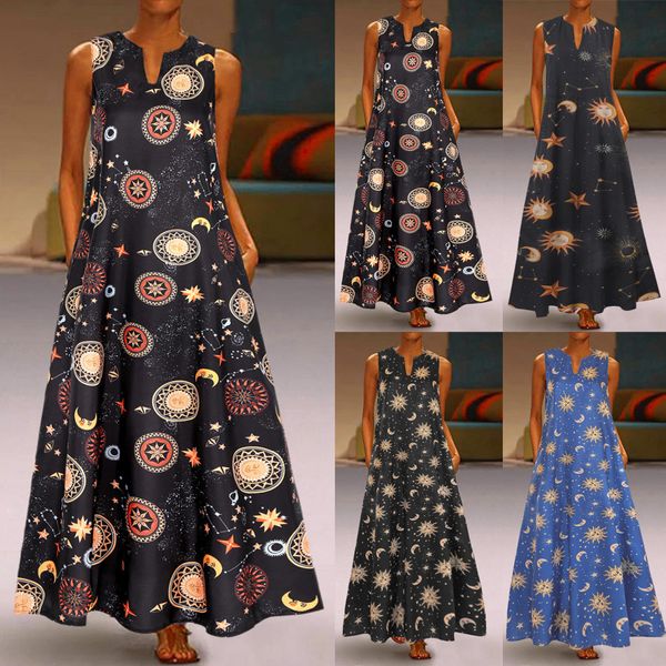 

women summer dress plus size sun stars moon print sleeveless vintage bohemian v neck maxi dress fashion ladies vestidos, Black;gray