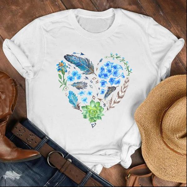 

women lady feather floral flower heart shape 90s fashion shirt clothes womens female print t tshirt tee graphic t shirt, White