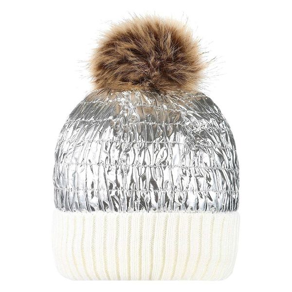 

ms. thick metallic luster pompon beanie knit winter ski hat, Blue;gray