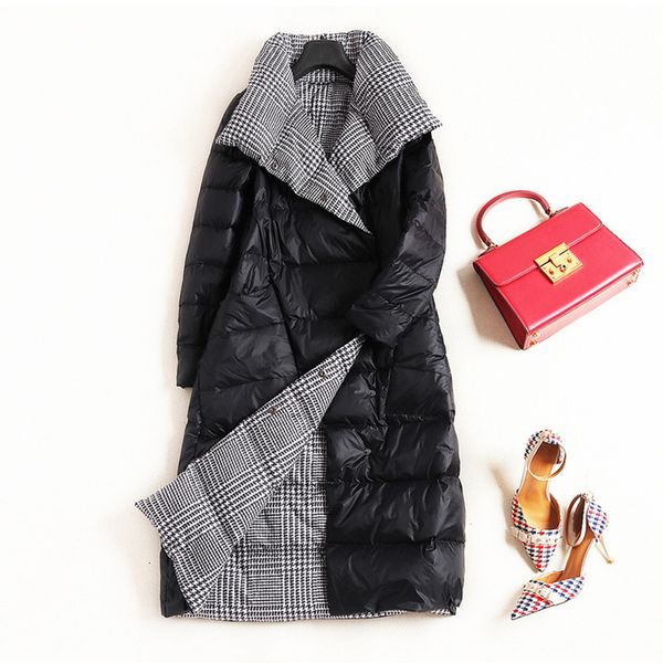 

2021 new women sided jacket winter stand collar ultra light white duck down coat female double breasted warm plaid outwear sqof, Black