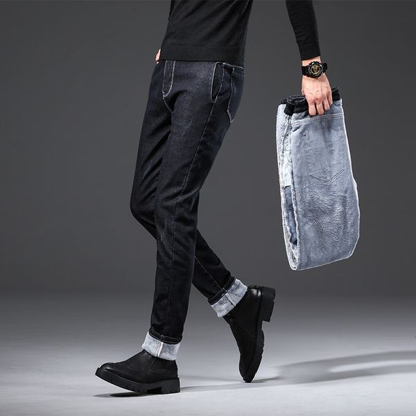 

2021 new warm blac autumn winter business casual stretch slim thicken fleece jeans classic trousers male yr5u, Blue