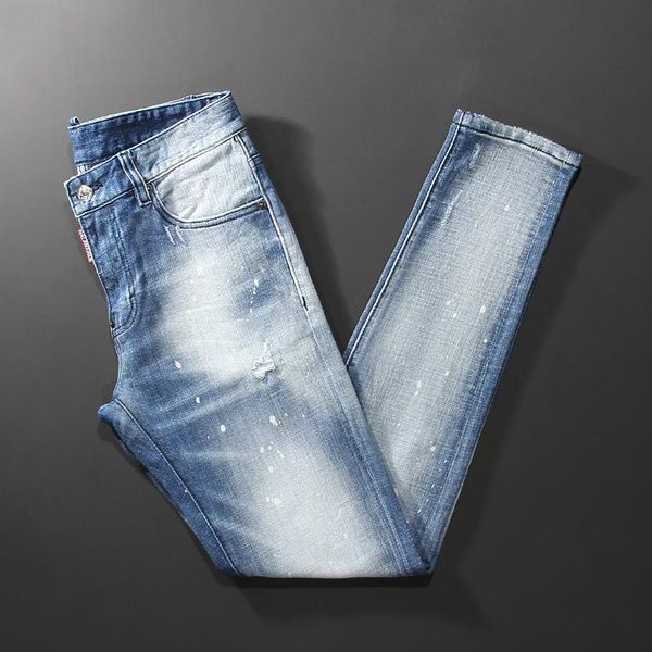 

men's jeans italian style fashion men retro light blue elastic slim fit ripped splashed designer casual plain denim pants