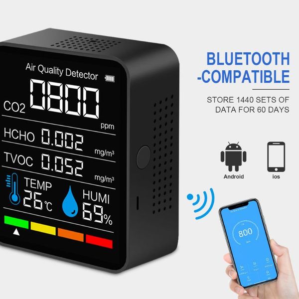 Анализаторы газа с Bluetooth 5 In1 CO2 -метром цифровой температура Тестер влажность углекислого газа HCHO Detector HCHO монитор качества воздуха