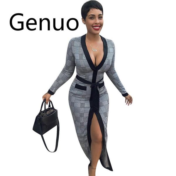 

casual dresses genuo full sleeve winter women fork plaid print fashion bodycon bandage club night long maxi dress, Black;gray