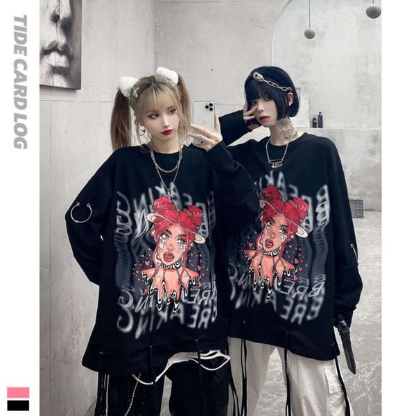 

trendy brand new round neck pullover two dimensional sweater loose animation printing couple personalized hem long sleeve t-shirt men, Black