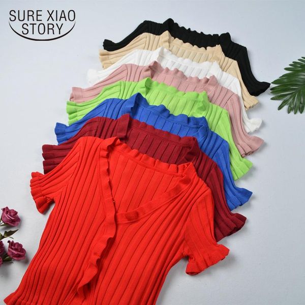 

women's t-shirt v-neck short sleeve tees vintage solid women t-shirts summer 2021 fuguns knit korean single breasted office lady cardig, White