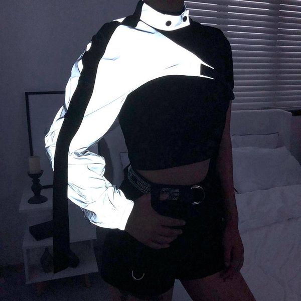 

women's jackets patchwork autumn gothic hip hop jacket women harajuku reflective loose windbreaker adjustable tip up short coat female, Black;brown