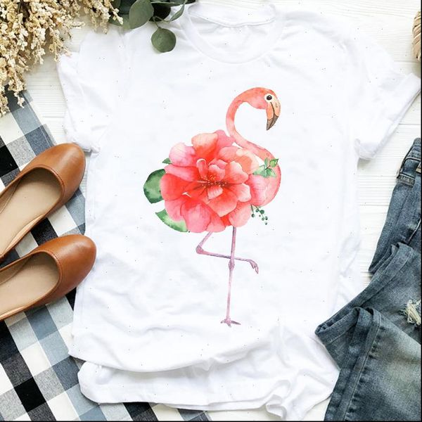 

women lady flower flamingo cute elegant 90s trend fashion print tshirt shirt clothes graphic female t tee womens t shirt, White