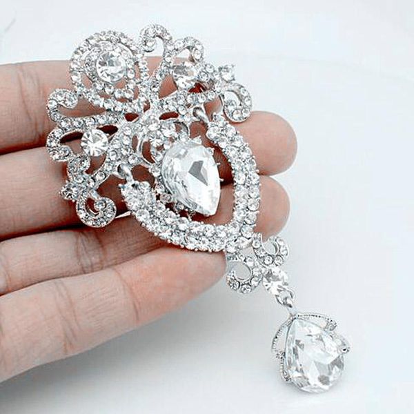 Pins, Broschen Frauen Strasssteine ​​Kristall Krone Große Blume Brautbrosche Pin Hochzeit Modeschmuck Dekoration Geschenk