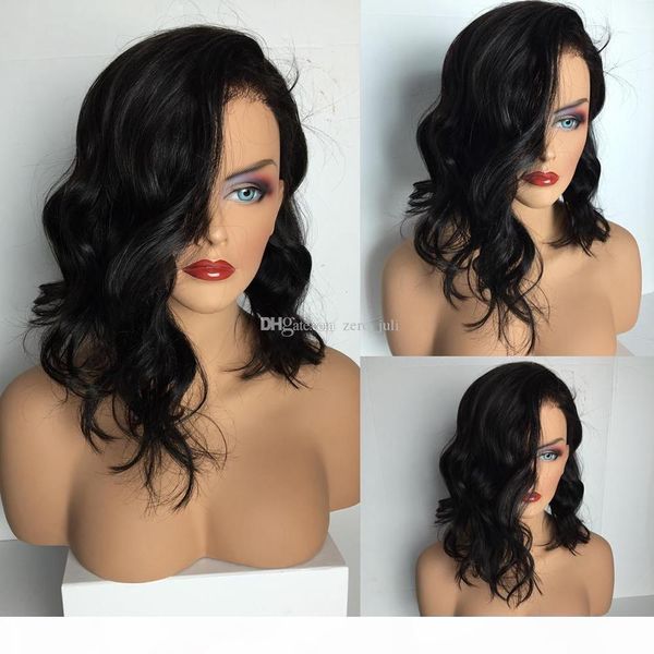 

lace front human hair wigs short bob wig wavy 150% density brazilian virgin hair with baby hair bleached knots full lace wigs glueless, Black;brown
