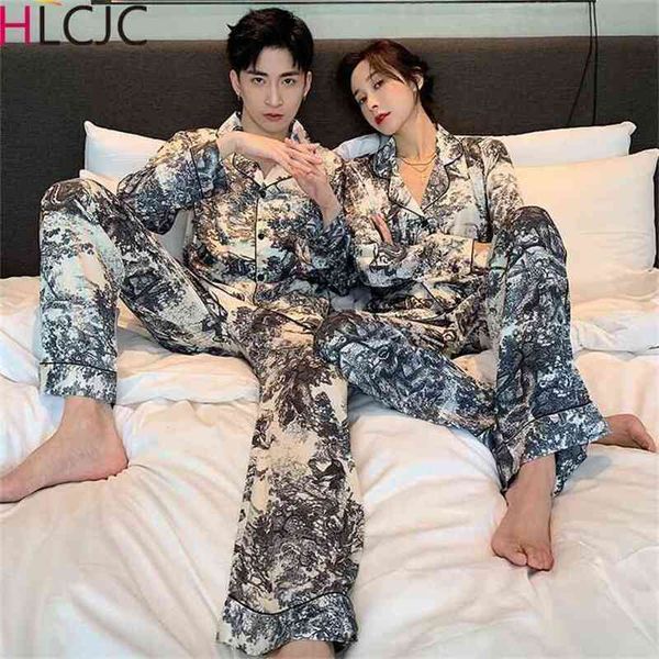 Paar Pamas Set Frauen Herren Seide Satin Pama Paare Langarm Nachtwäsche Homewear PJ Unisex Pyjamas Plus Größe M-3XL 210924