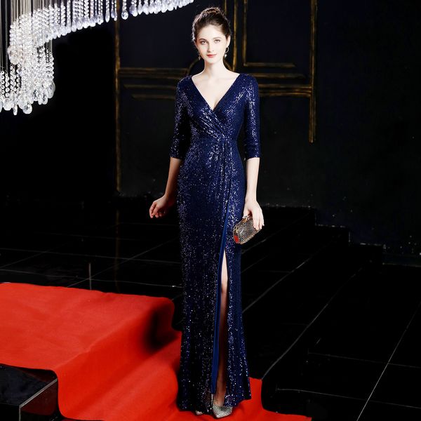 

womens elegant banquet temperament glitter cocktail wedding party dress female high split evening maxi dresses 64rq, Black;gray