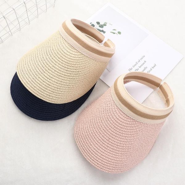 

wide brim hats summer women's fashion empty sun hat portable roll-up beach cap foldable casual straw visors, Blue;gray