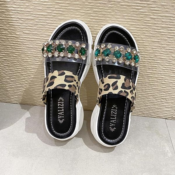 

slippers 2021 summer fashion temperament rhinestone decoration female sandals increased waterproof platform leopard print, Black