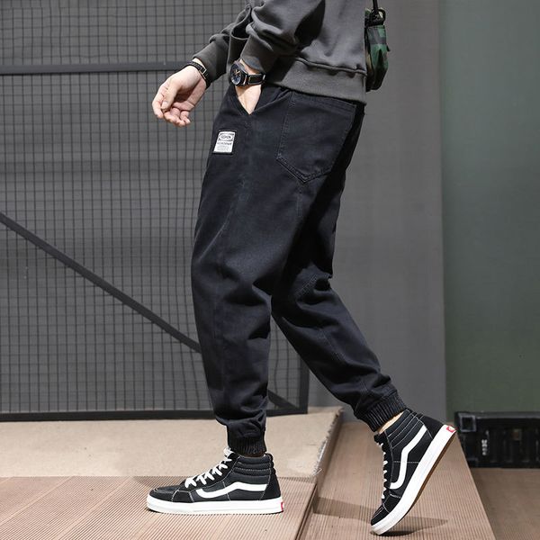 

2021 new fashion streetwear black color loose fit slack bottom harem denim cargo pants japanese vintage hip hop jeans men v3gb, Blue