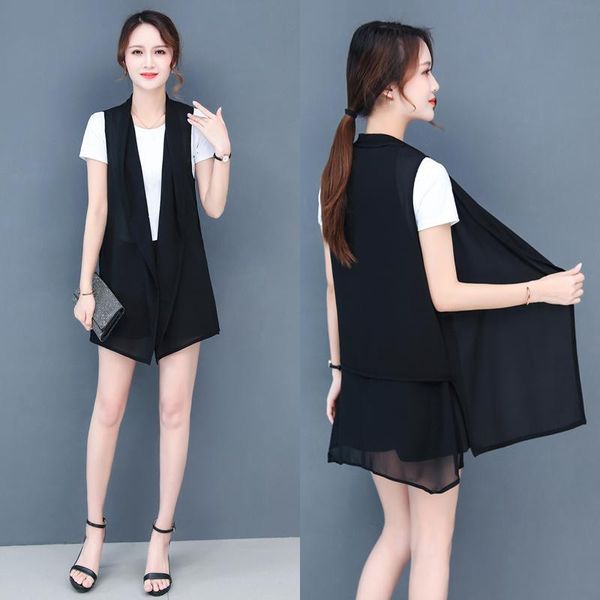 

women's vests #0793 black kimono long vest coat women summer female cardigan chiffon waistcoat loose thin casual sleeveless jacket, Black;white