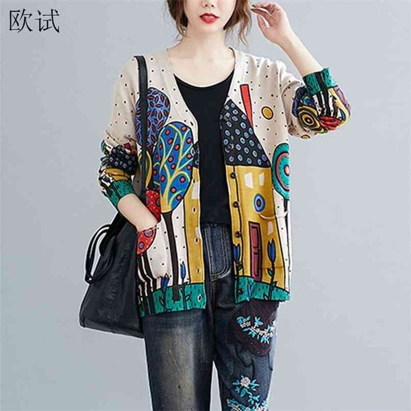 

plus size cartoon print knitted cardigan women sweater autumn winter korean cardigans ladies casual vintage kardigan mujer 210812, White