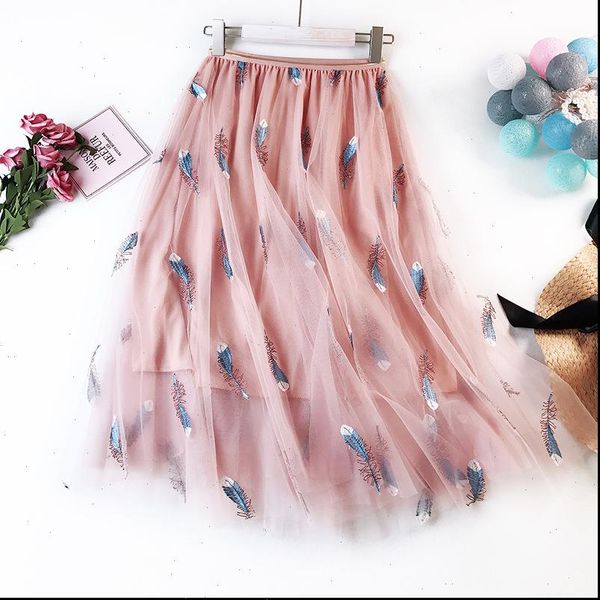 

4 colors available 2021 new arrival hong kong style fluffy black skirt feather embroidered fairy tulle skirt women ing