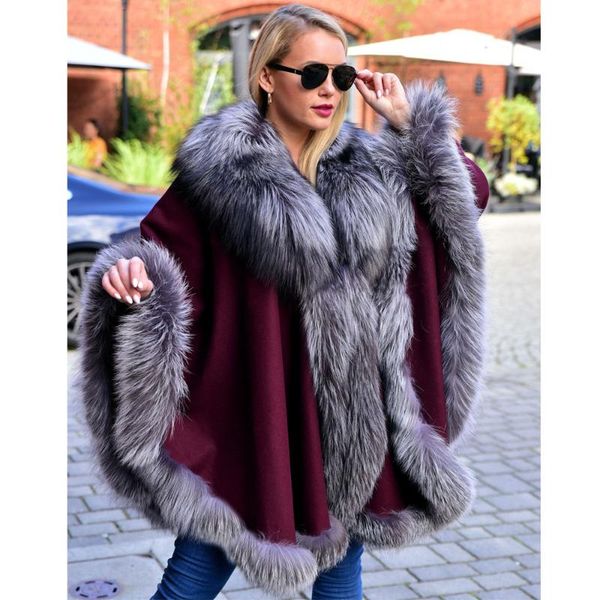 

women's fur & faux fashion women real silver wool blends capes winter outwear luxury 2021 trendy genuine cashmere ponchos, Black