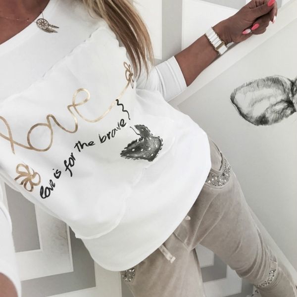 

fashion women spring t-shirts letters love printed patchwork o-neck tee shirt long sleeve casual white plus size gv377