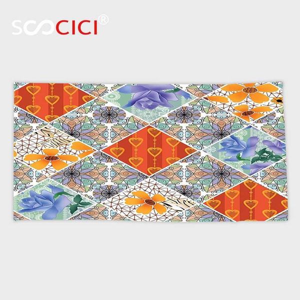 

towel custom microfiber ultra soft bath/hand towel,farmhouse decor patchwork with heart and swirling flower pattern folkloric