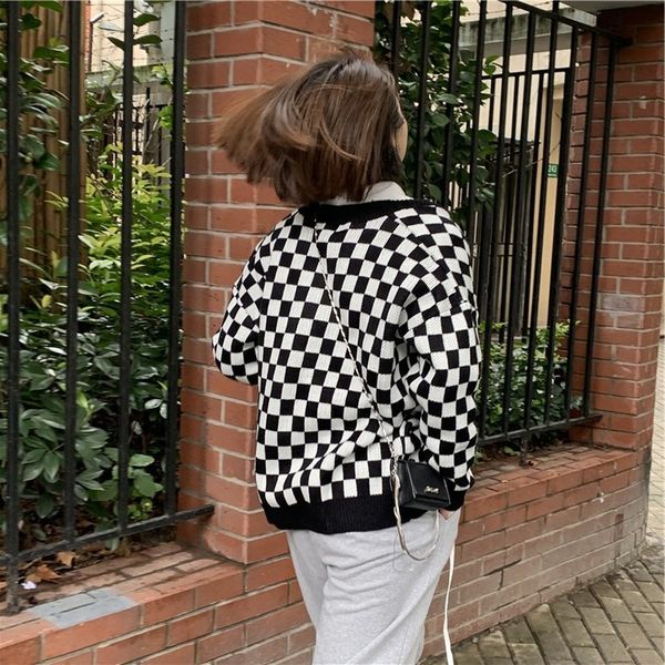 

women's sweaters collar plaid, black and white v-collar, female korean, long sleeve, loose, cardigan knitted or crocheted, warm fo, White;black