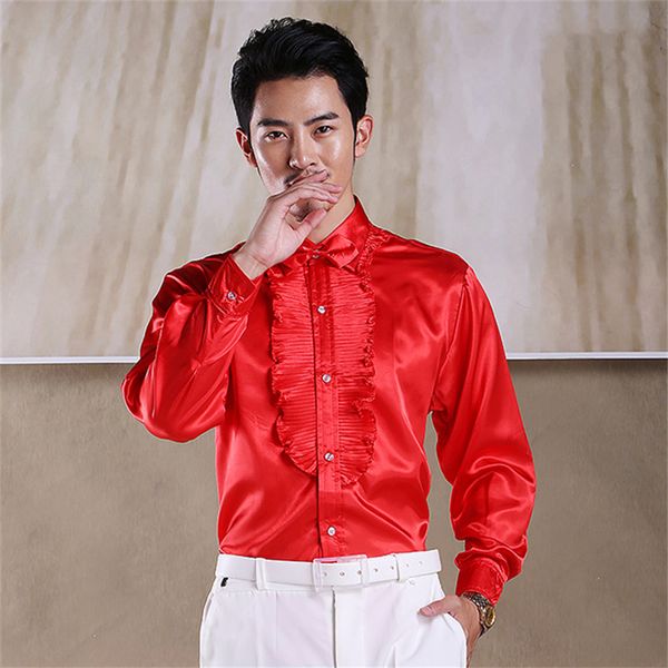

glossy male laciness shirt belt bow tie multicolour shirt for singer dancer show performance party formal nightclub, Black;red