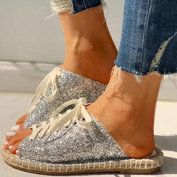 

slippers women flat slides espadrille lace up casual shoes ladies sequined cloth straw female fashion summer footwear, Black