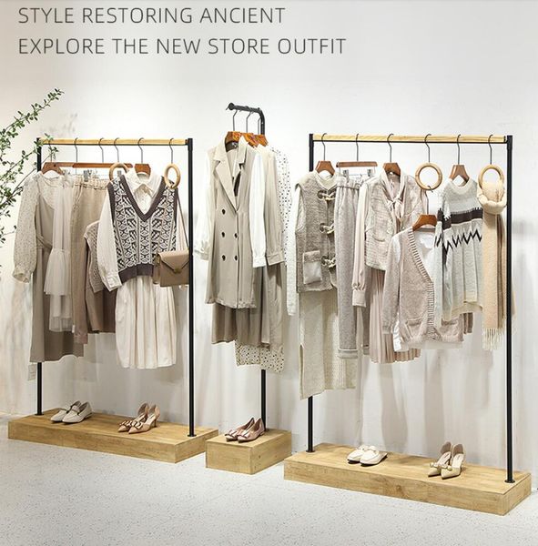 

Light retro clothing store display rack Commercial Furniture landing in the middle island women's cloth shop shelf cotton linen clothes hanger show props