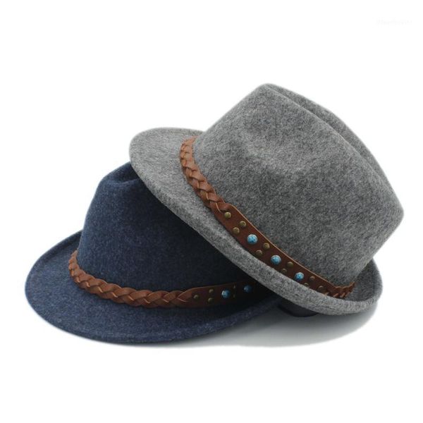 

pure wool women men chapeau femme fedora hat for gentleman sombrero trilby cloche cap with fashion leather1, Blue;gray