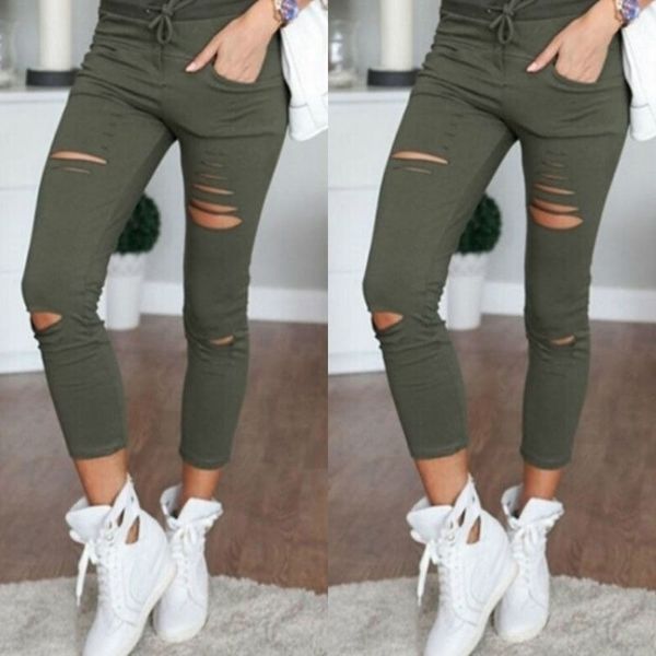 

cargo pants women fashion slim high waisted stretchy skinny broken hole pencil solid color streetwear trousers womens 210603, Black;white