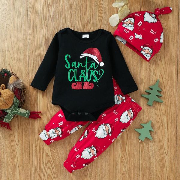 

clothing sets born baby boy girls christmas clothes printed santa trousers hat with letters bag fart romper suit xmas outfit, White
