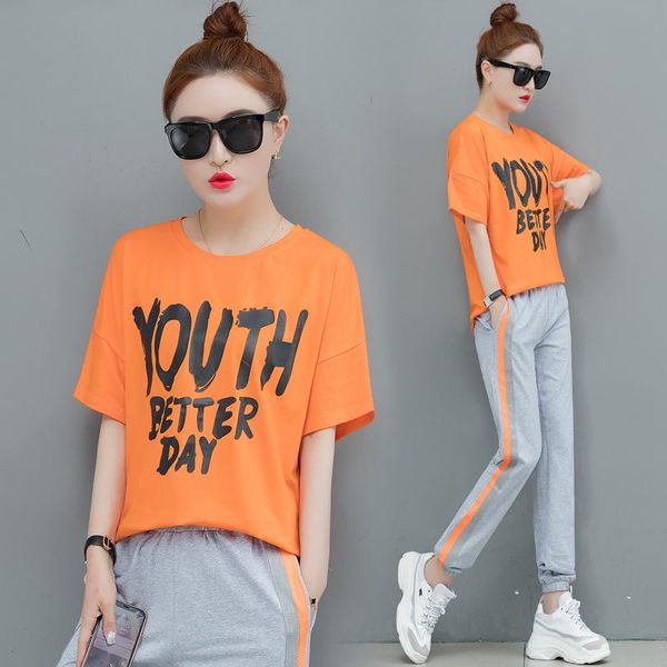 

women's tracksuits korean fashion leisure women loose & pants casual suit student short-sleeved sweatshirt summer two-piece clothing se, Gray
