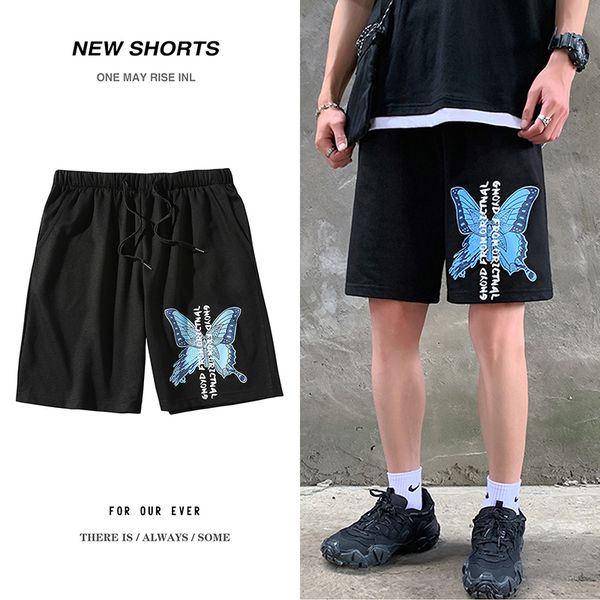

2021 men butterfly printed new beach men's streetwear casual male colorful korean knee length shorts summer nbix, White;black