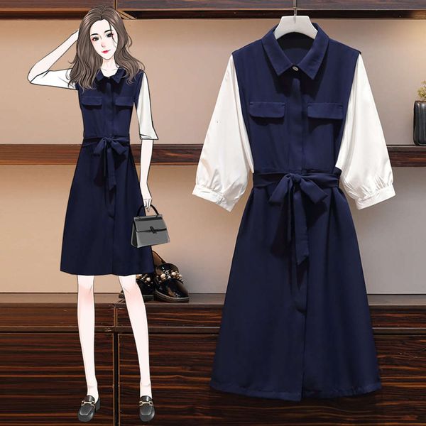 

big size women's 2020 new spring and summer clothes fat sister looks thin and fashionable, meat covered, age reduced shirt and dress fa, Black;gray