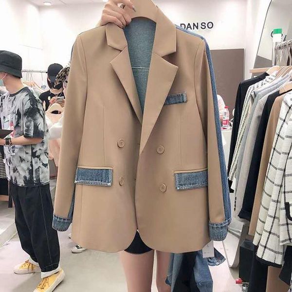 

women's suits & blazers 2021 spring long-sleeved denim splicing jacket large size trend ladies casual overcoat khaki blazer outwear, White;black