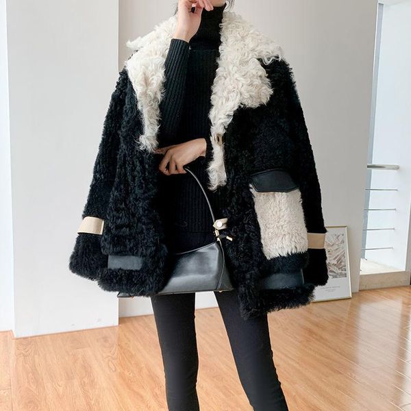 

women's fur & faux women winter jacket chic turndown collar coats thicken warm jackets female lamb wool coat y215, Black