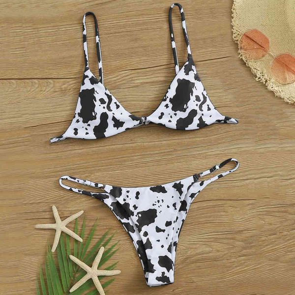 

brazilian swimwear set women cow print push up brazilian thong bikini set two piece padded summer beach swimwear, White;black