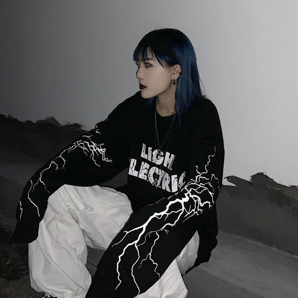 

women man streetwear contrast graffiti striped letter graphic print loose korean sweatshirt pullover hoodies harajuku punk, Black