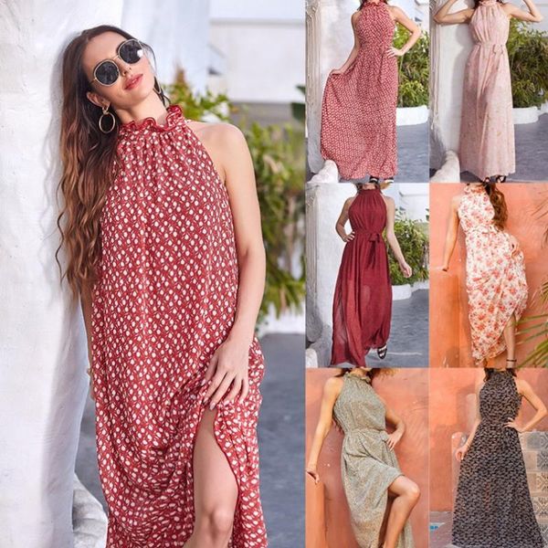 

casual dresses vintage dress summer robe off shoulder sleeveless dot printed maxi sashes loose fashion long femme, Black;gray