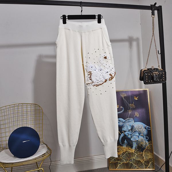 

autumn fashion white knitted tracksuit women two piece outfits beading pullover sweater casual pants set female loose knit suit l1ze, Blue