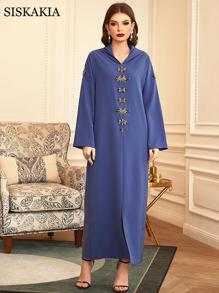 

siskakia hooded kaftan dress for women luruxy hand-sewn diamond abaya moroccan dubai turkey arabic muslim clothes blue gray 2021, Black;gray