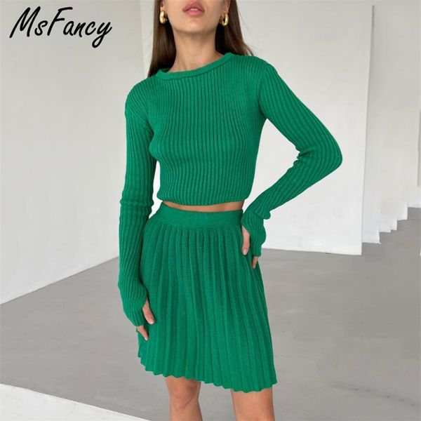 

msfancy knitted skirt sets women green long sleeve slim crop pullover pleated mini skirt fall mujer 2 piece sets 211101, White