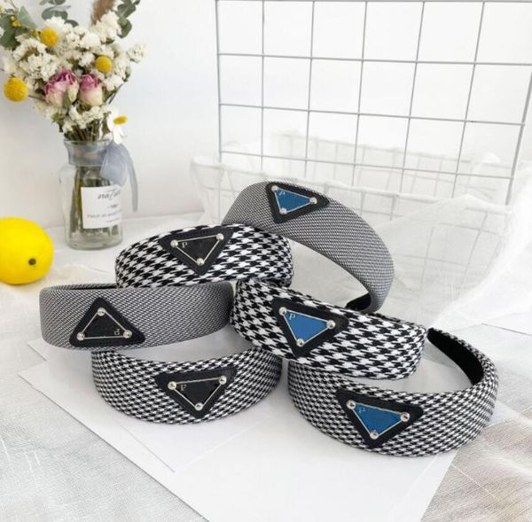 

high-end womens designer brand letter printing headband triangle sign grid hairbands turban fashion women black white wide-brimmed headwrap, Silver