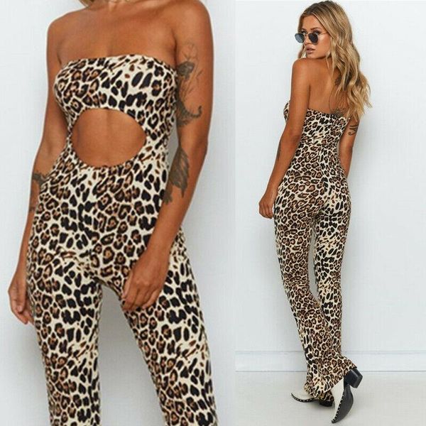 

women's jumpsuits & rompers fashion ladies sleeveless leopard printed low cut bodycon long jumpsuit club party trousers, Black;white