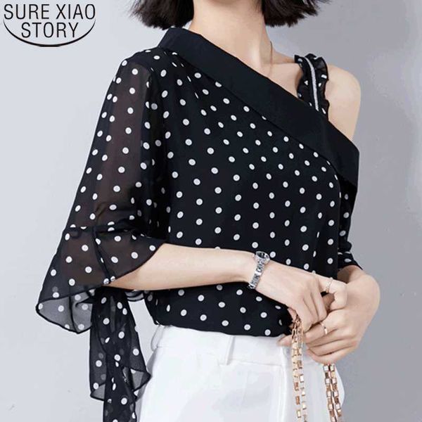 Verão off-the-ombro bolinhas blusa mulheres sling tops coreano vintage feminino blusas curvar camisa de manga curta 14487 210527