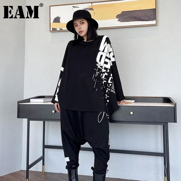 

women's two piece pants [eam] print pattern suit round neck long sleeve black loose fit women fashion spring autumn 2021 1dd5563, White