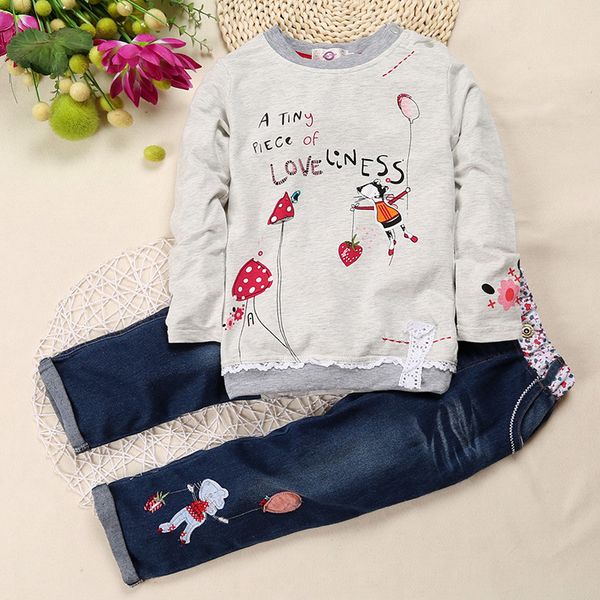 

kids girl designer clothes set rabbit strawberry balloon embroidered shirt +trousers jeans clothing set outfits suit kids clothes, White