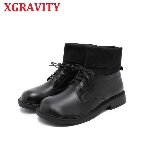 

xgravity s149 new autumn winter genuine leather vintage short boots fashion ladies socking boots cow leather hand-made shoes 210429, Black
